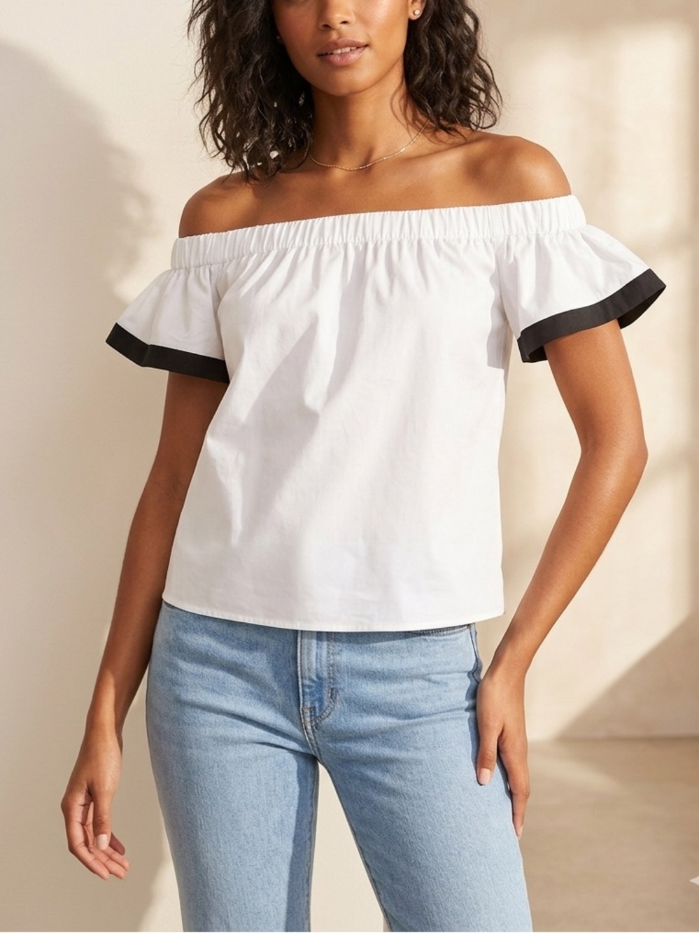 Milly White Off-Shoulder Top with Black Trim